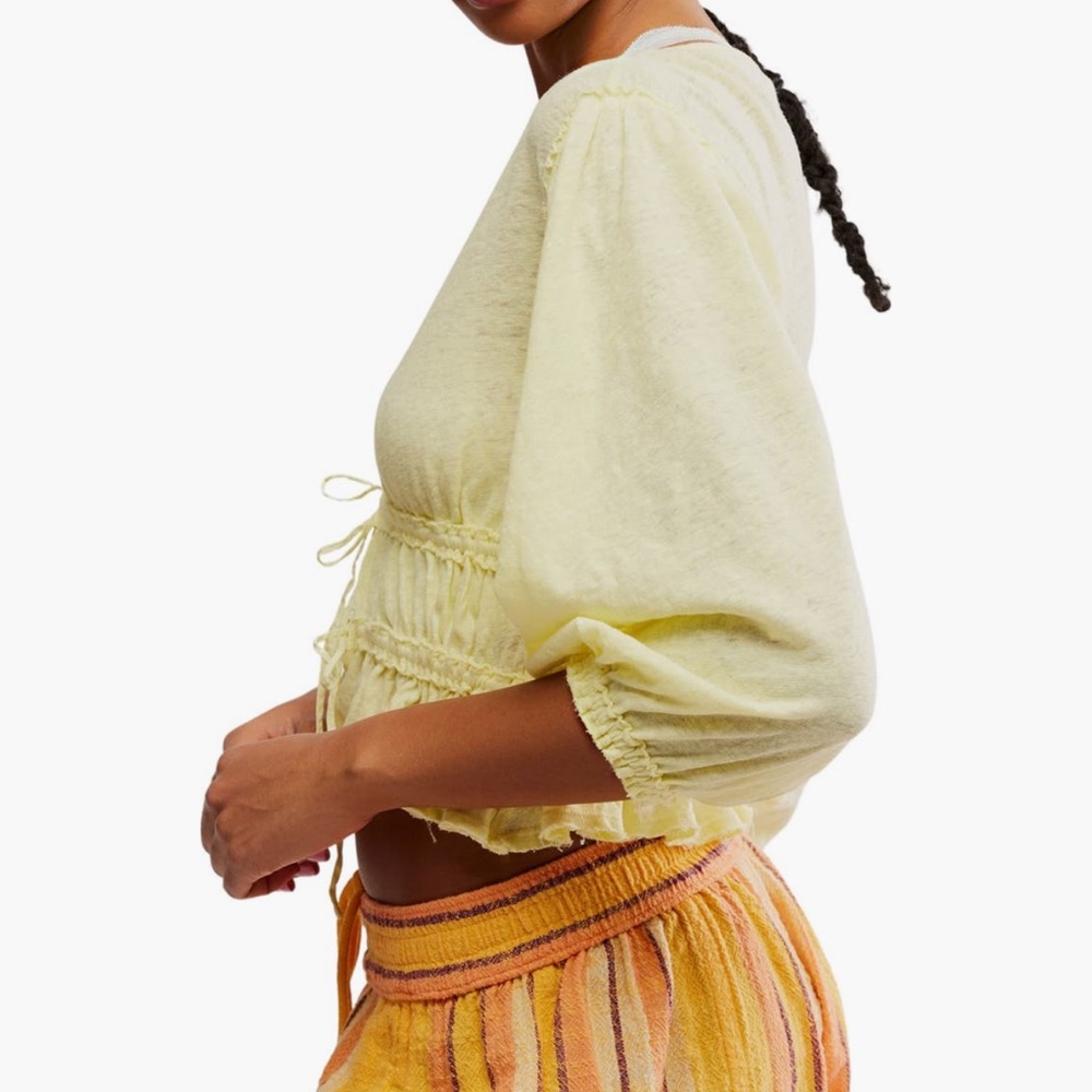 Free People Yellow Linen Blend Tie Front Top - Picture 7 of 14